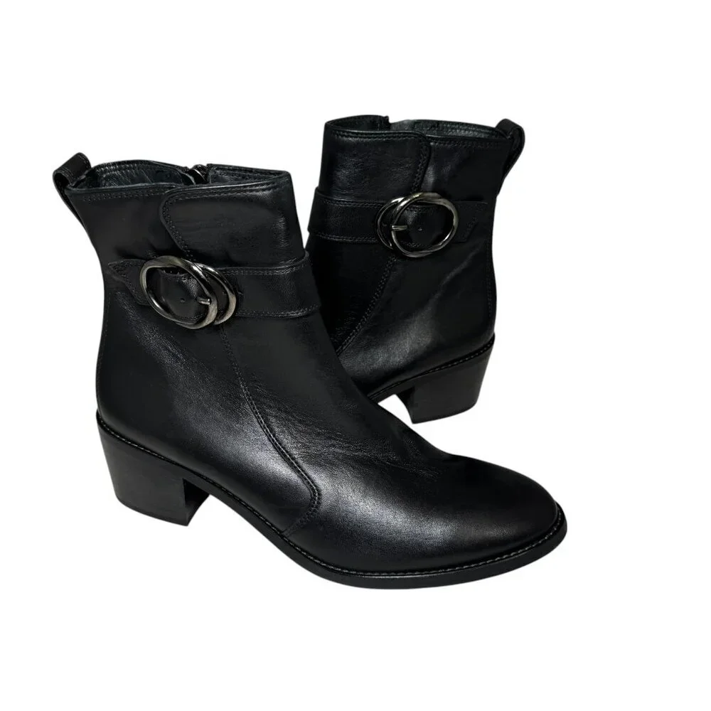 Paul Green Vanessa Womens 8 Black Leather Moto Ankle Bootie‎ Buckle NEW $559